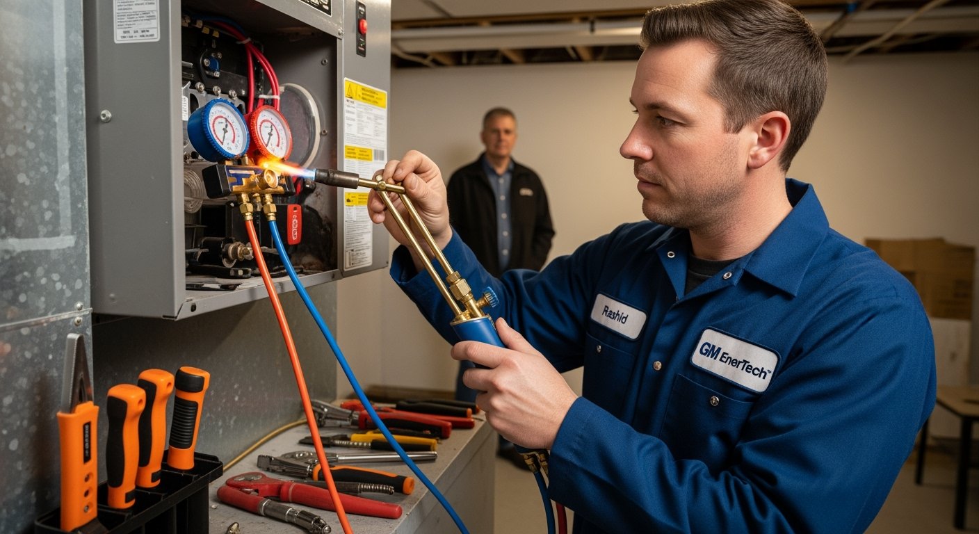 GM EnerTech HVAC technician servicing AC unit in Eastport home