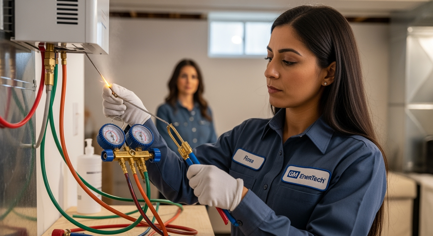 GM EnerTech HVAC technician servicing AC unit in Elmont home