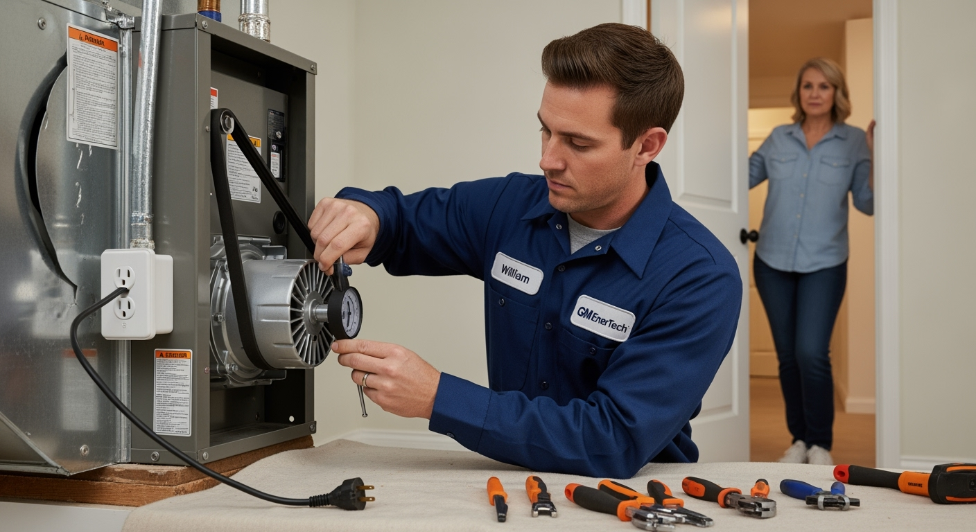 GM EnerTech HVAC technician servicing AC unit in Farmingdale home