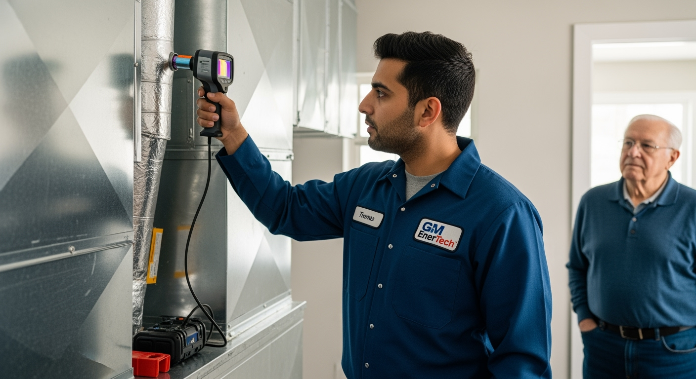 GM EnerTech HVAC technician servicing AC unit in Farmingville home