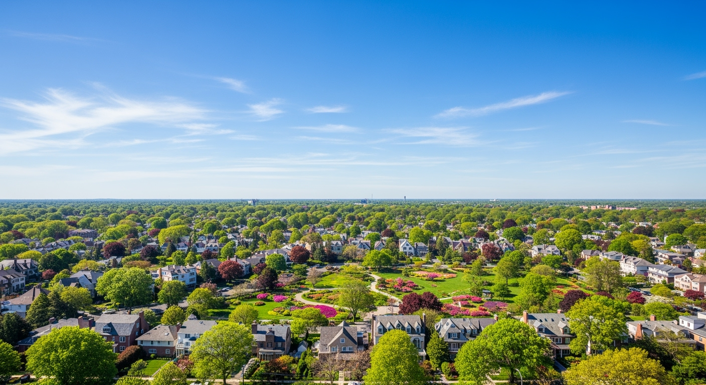 Floral Park NY waterfront aerial view at sunset