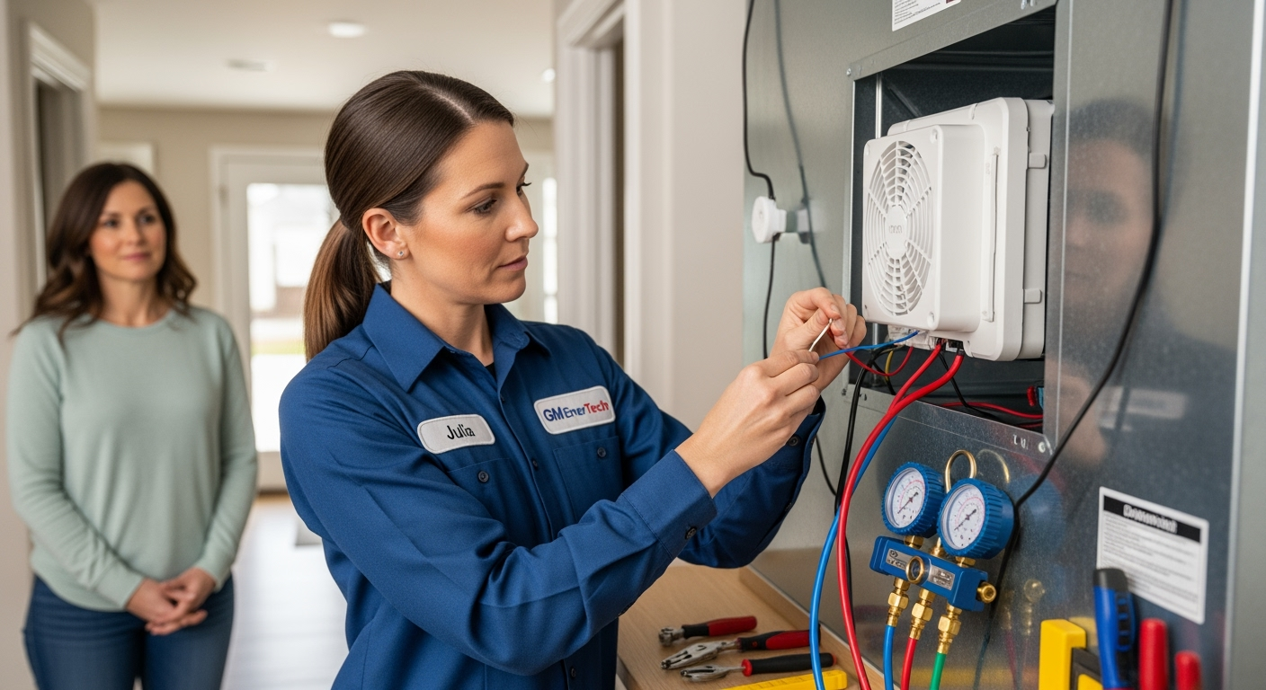 GM EnerTech HVAC technician servicing AC unit in Floral Park home