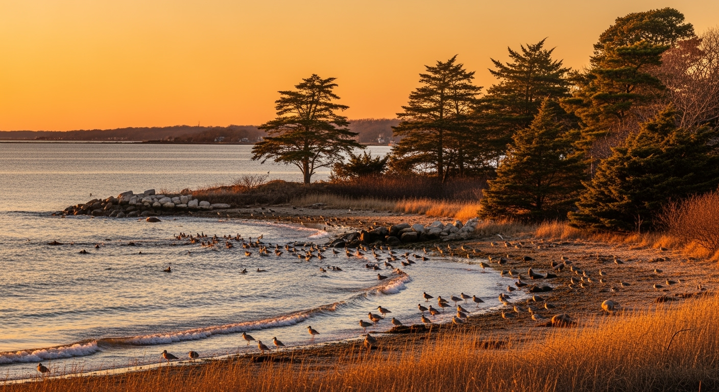 Freeport NY waterfront aerial view at sunset