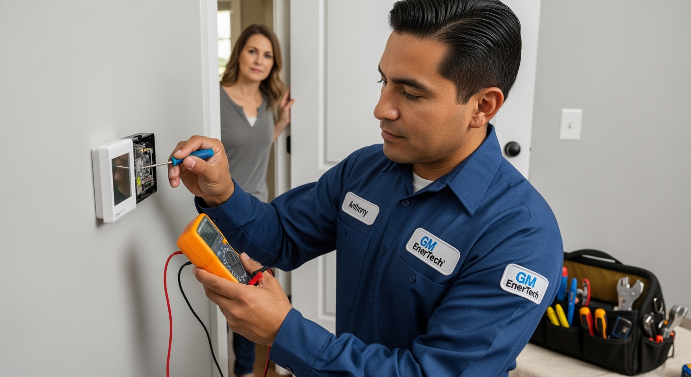 GM EnerTech HVAC technician servicing AC unit in Freeport home