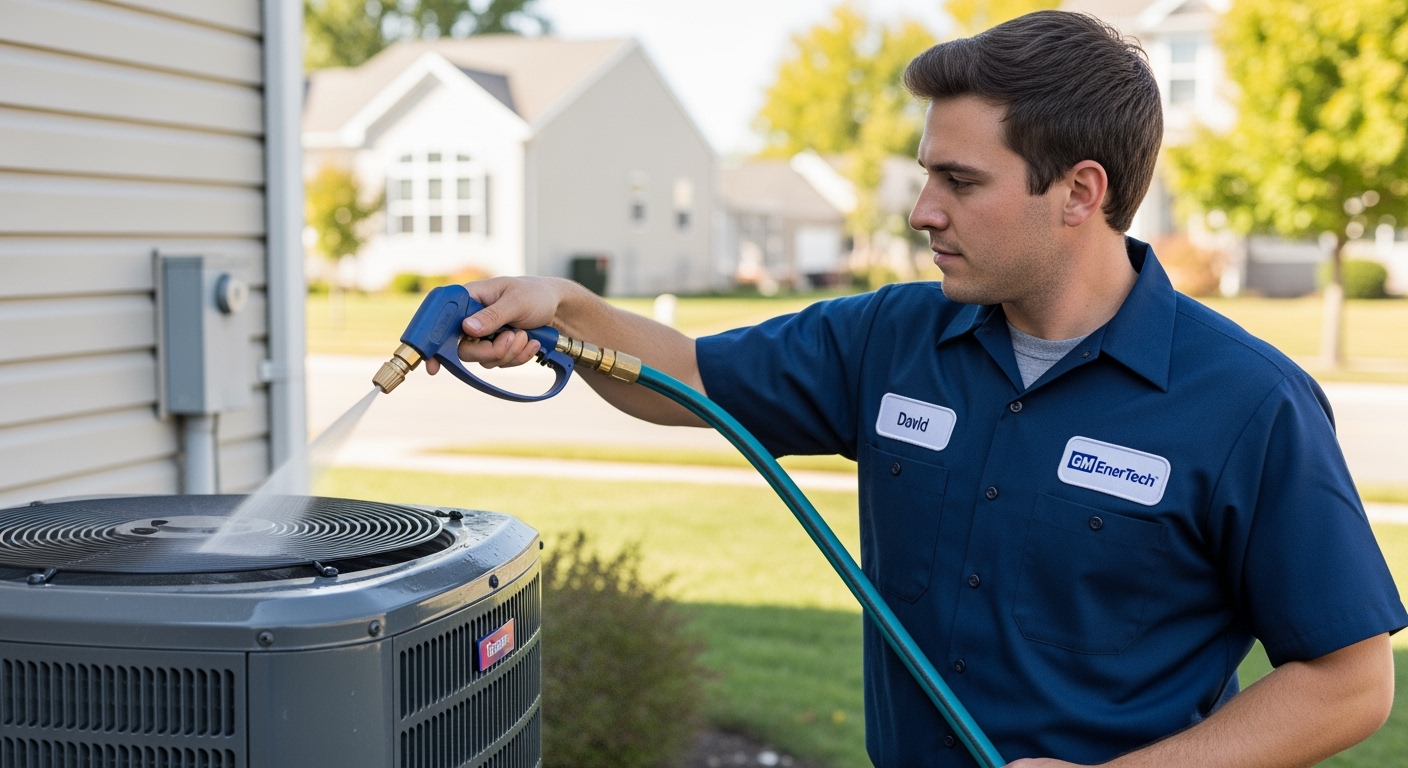 GM EnerTech HVAC technician servicing AC unit in Garden City home
