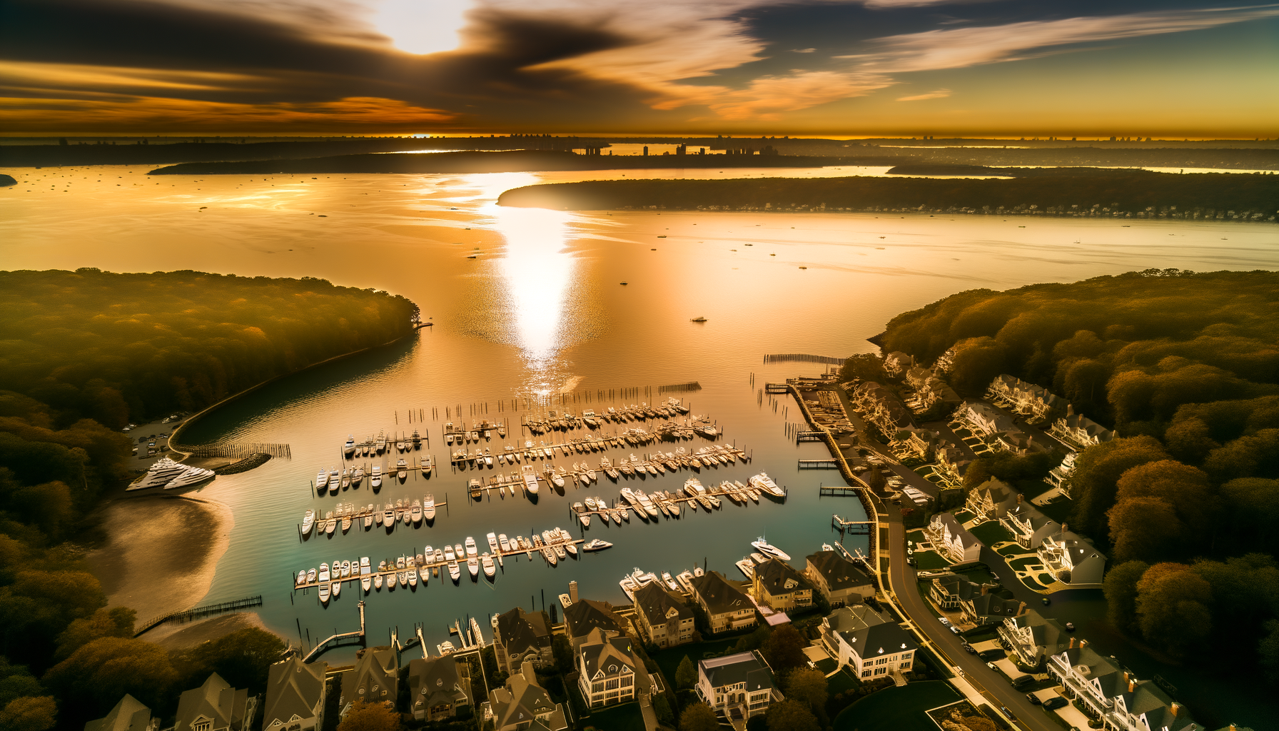 Glen Cove NY waterfront aerial view at sunset