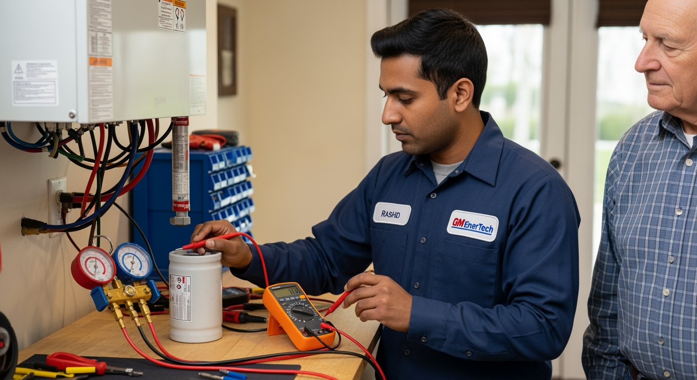 GM EnerTech HVAC technician servicing AC unit in Glen Head home