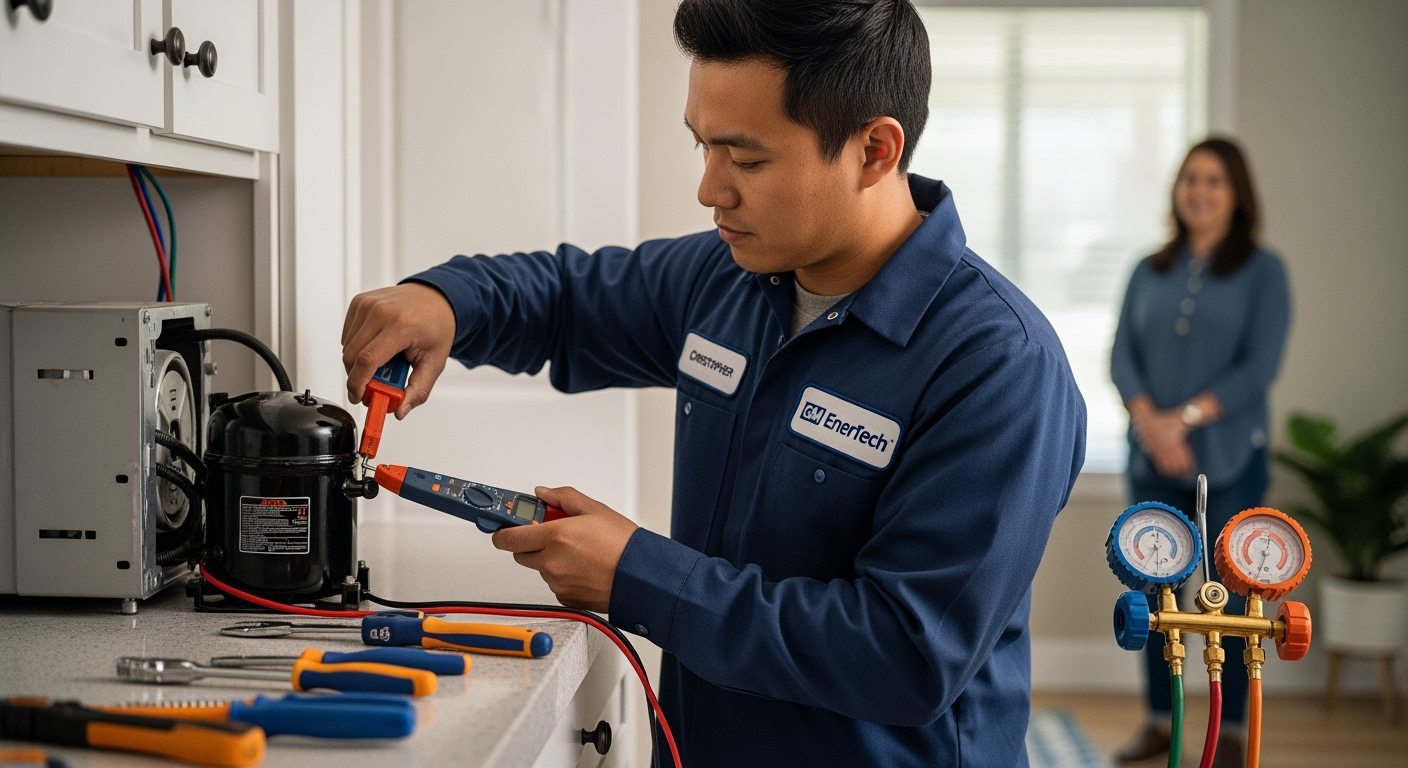 GM EnerTech HVAC technician servicing AC unit in Glenwood Landing home