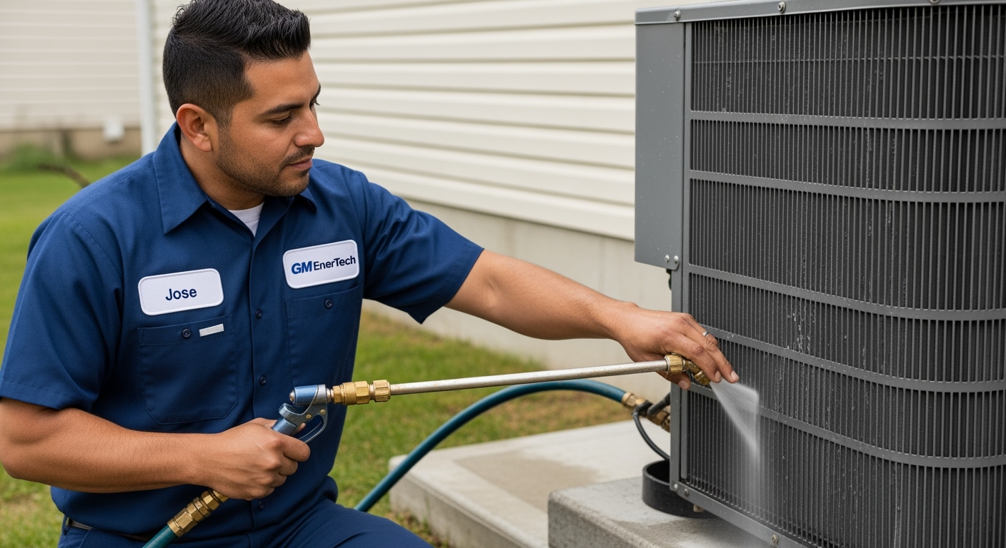 GM EnerTech HVAC technician servicing AC unit in Great Neck home