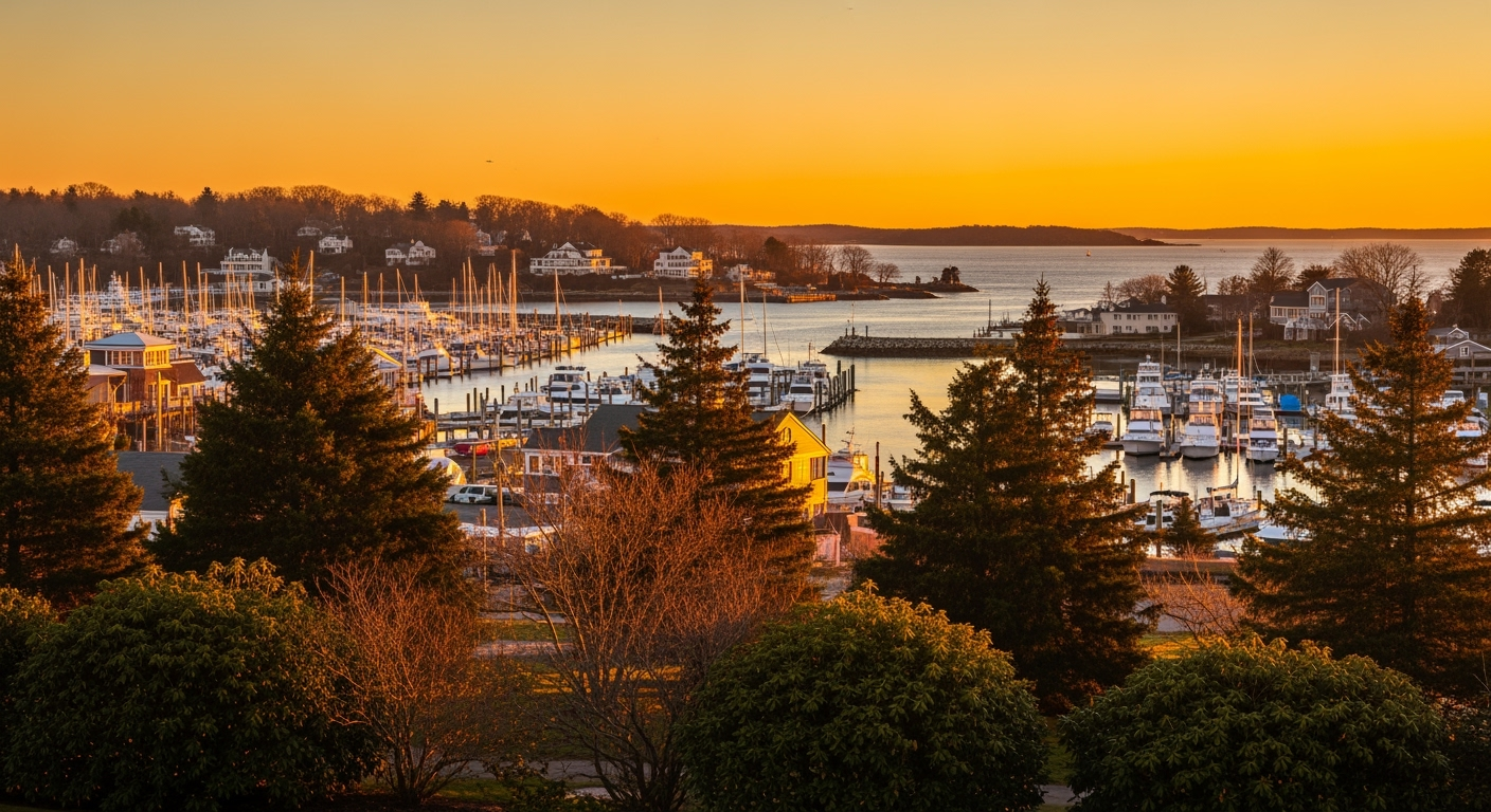 Greenport NY waterfront aerial view at sunset