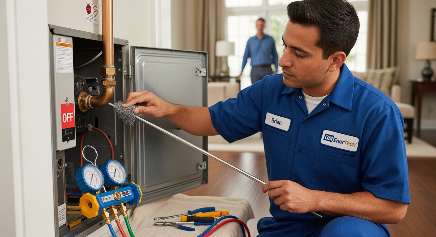 GM EnerTech HVAC technician servicing AC unit in Greenport home