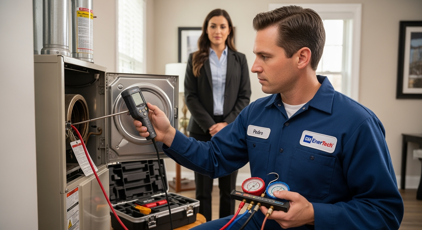 GM EnerTech HVAC technician servicing AC unit in Greenvale home