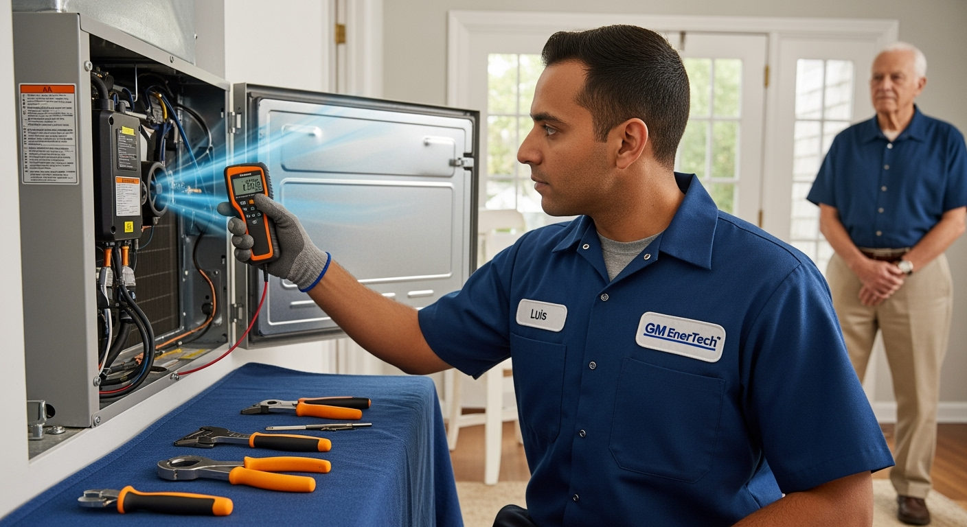 GM EnerTech HVAC technician servicing AC unit in Hampton Bays home