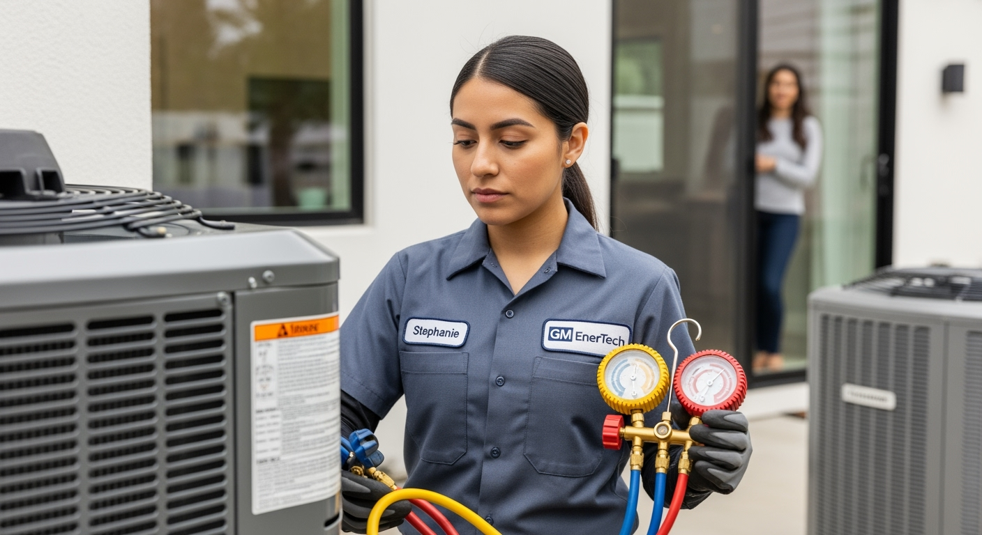 GM EnerTech HVAC technician servicing AC unit in Hauppauge home