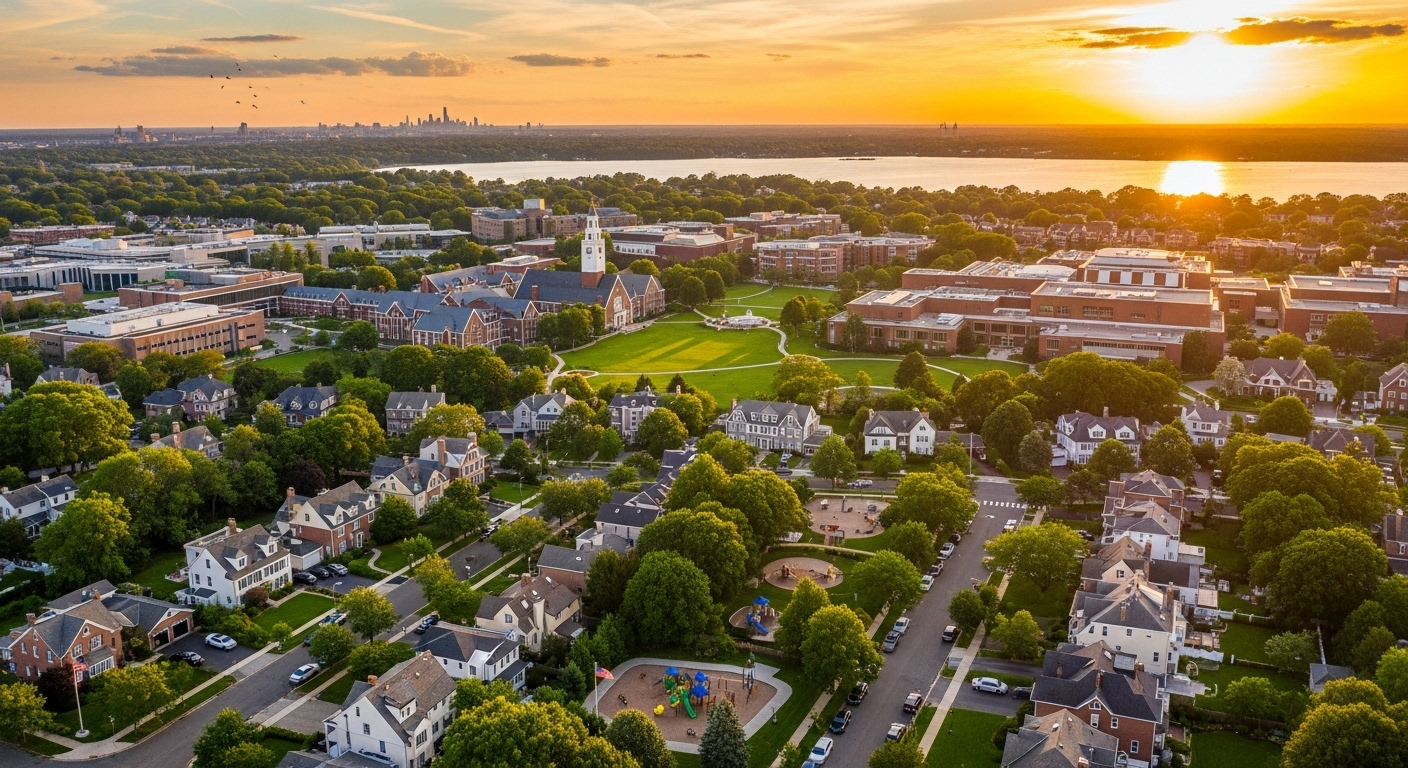 Hempstead NY community aerial view at sunset