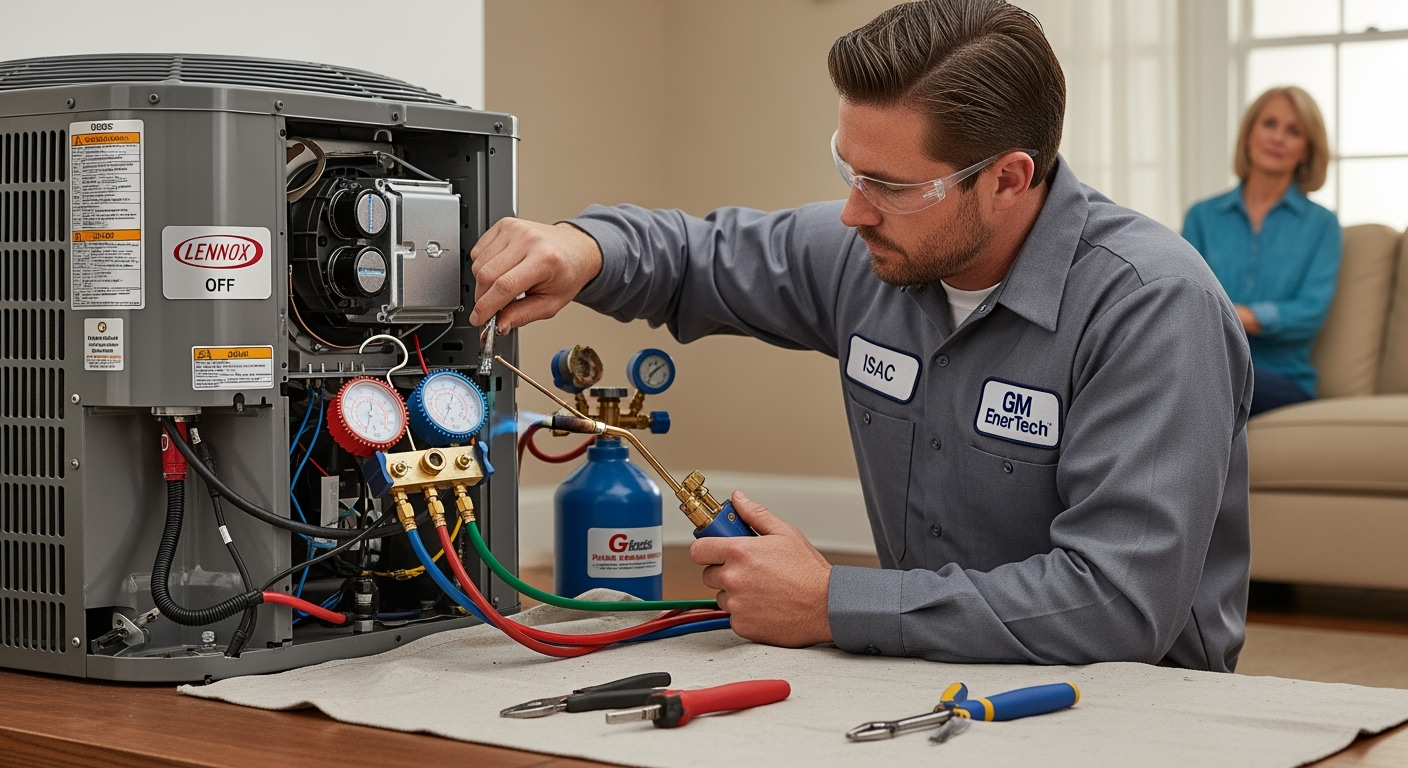 GM EnerTech HVAC technician servicing AC unit in Hewlett home