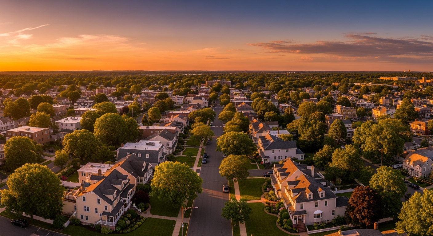 Hicksville NY waterfront aerial view at sunset