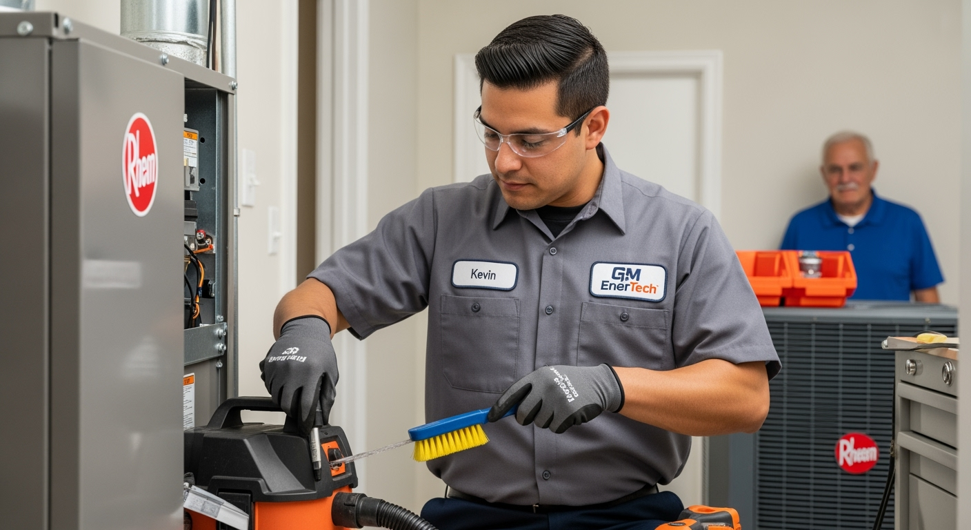 GM EnerTech HVAC technician servicing AC unit in Hicksville home