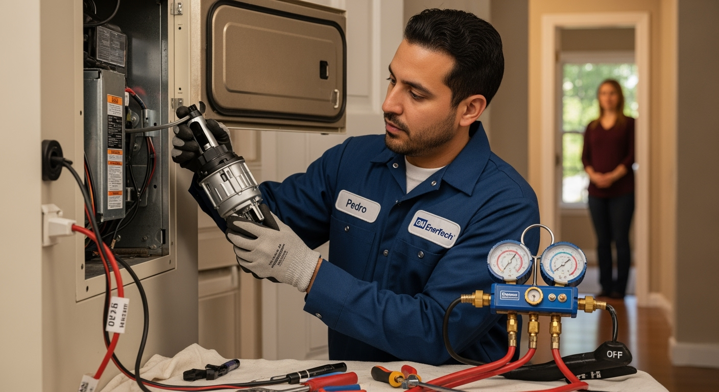 GM EnerTech HVAC technician servicing AC unit in Holbrook home