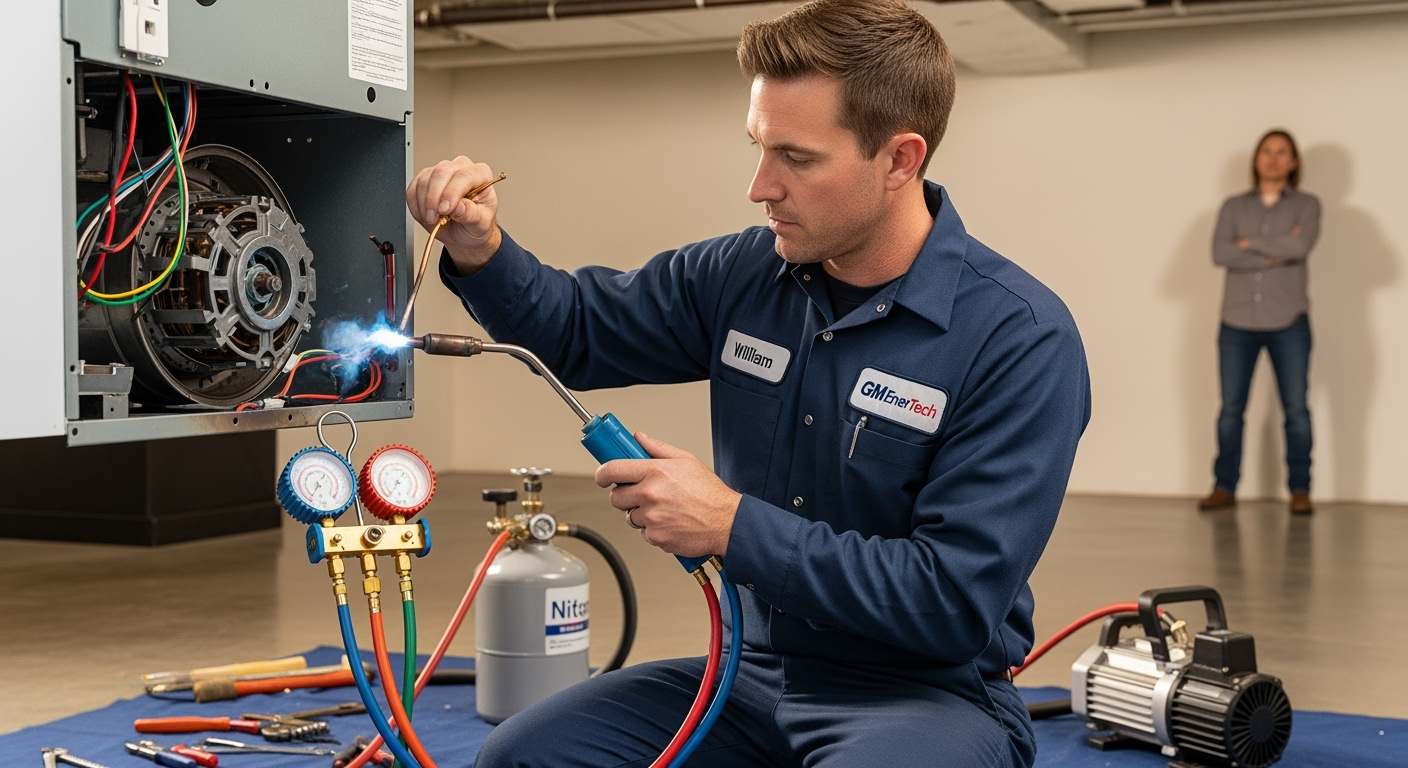 GM EnerTech HVAC technician servicing AC unit in Holtsville home