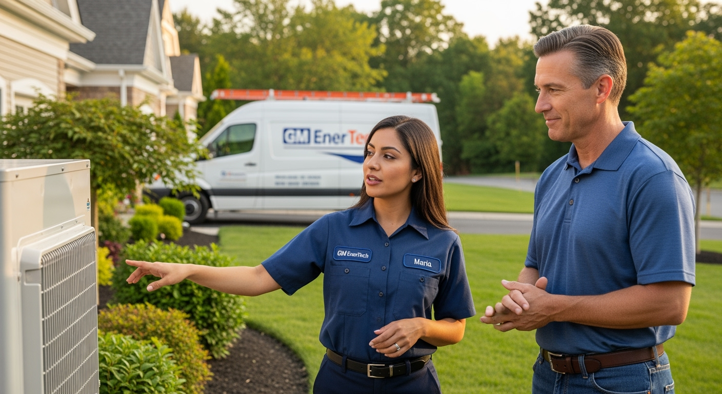 GM EnerTech professional technician installing AC unit properly beside Long Island home