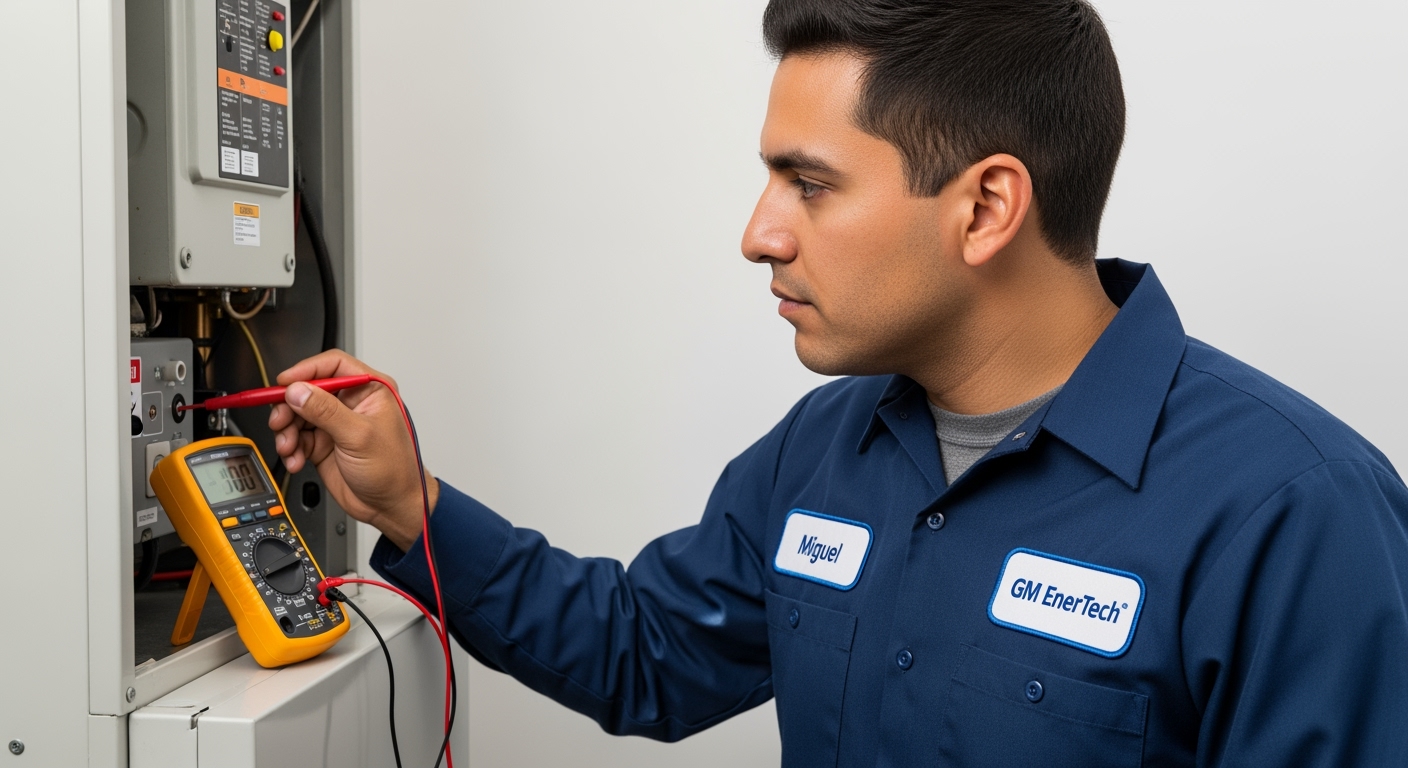 GM EnerTech HVAC technician servicing AC unit in Huntington home