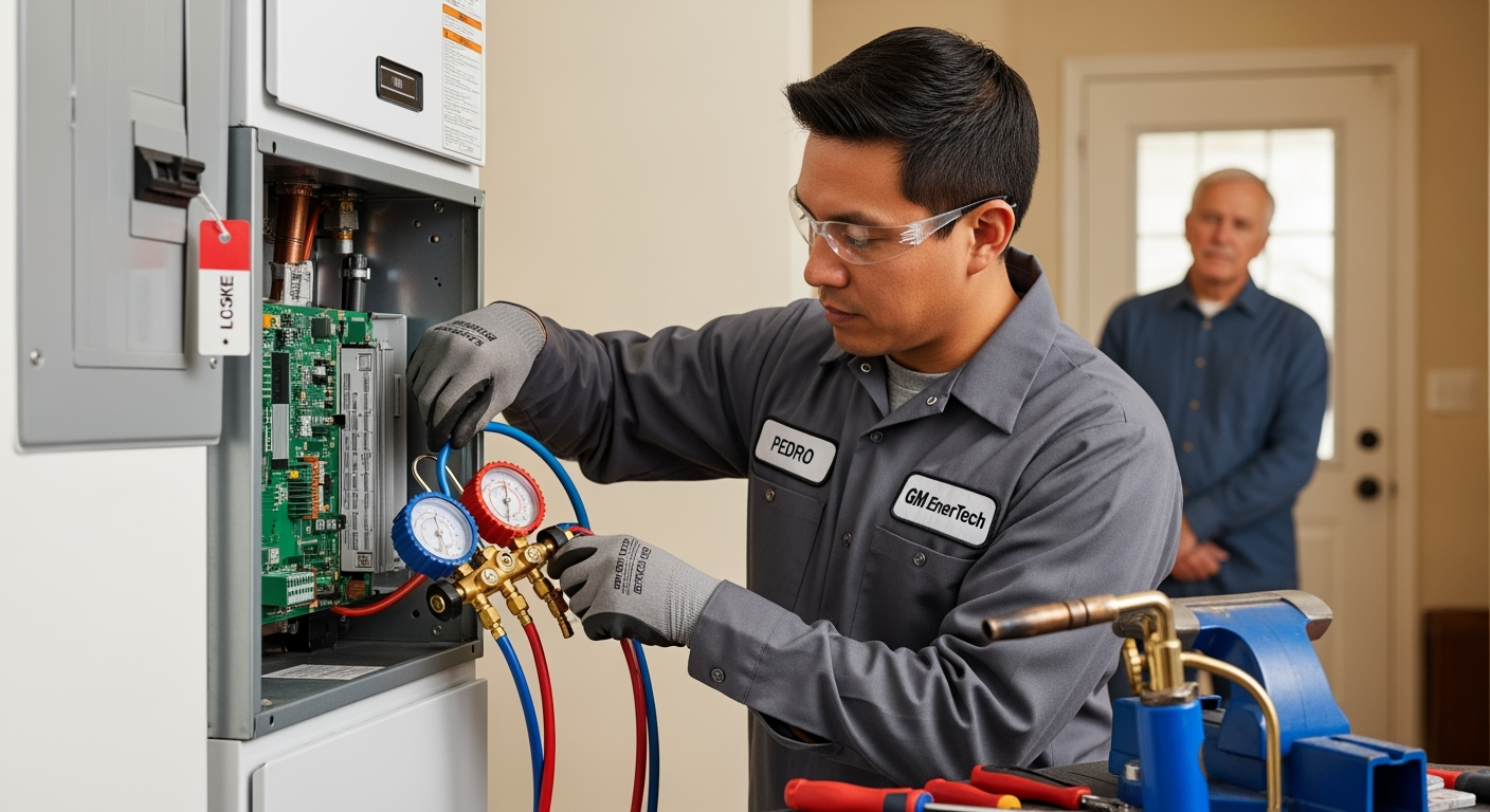 GM EnerTech HVAC technician servicing AC unit in Huntington Station home