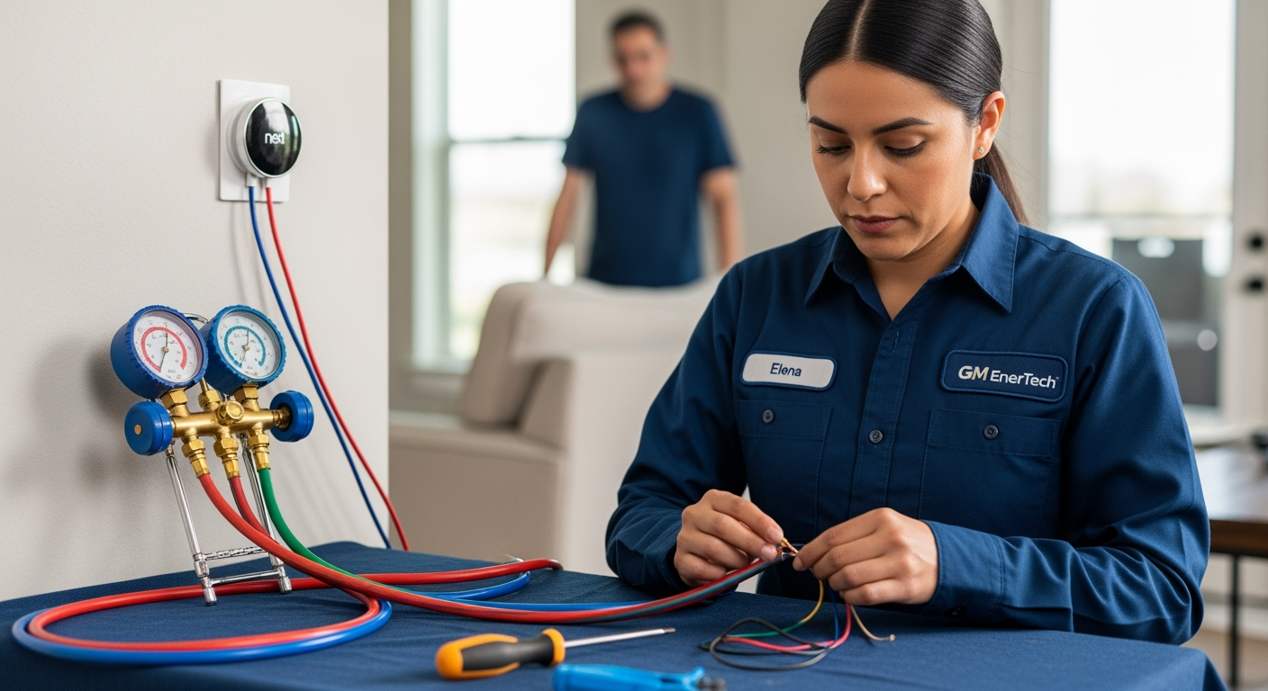 GM EnerTech HVAC technician servicing AC unit in Inwood home