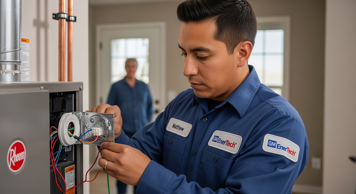 GM EnerTech HVAC technician servicing AC unit in Island Park home