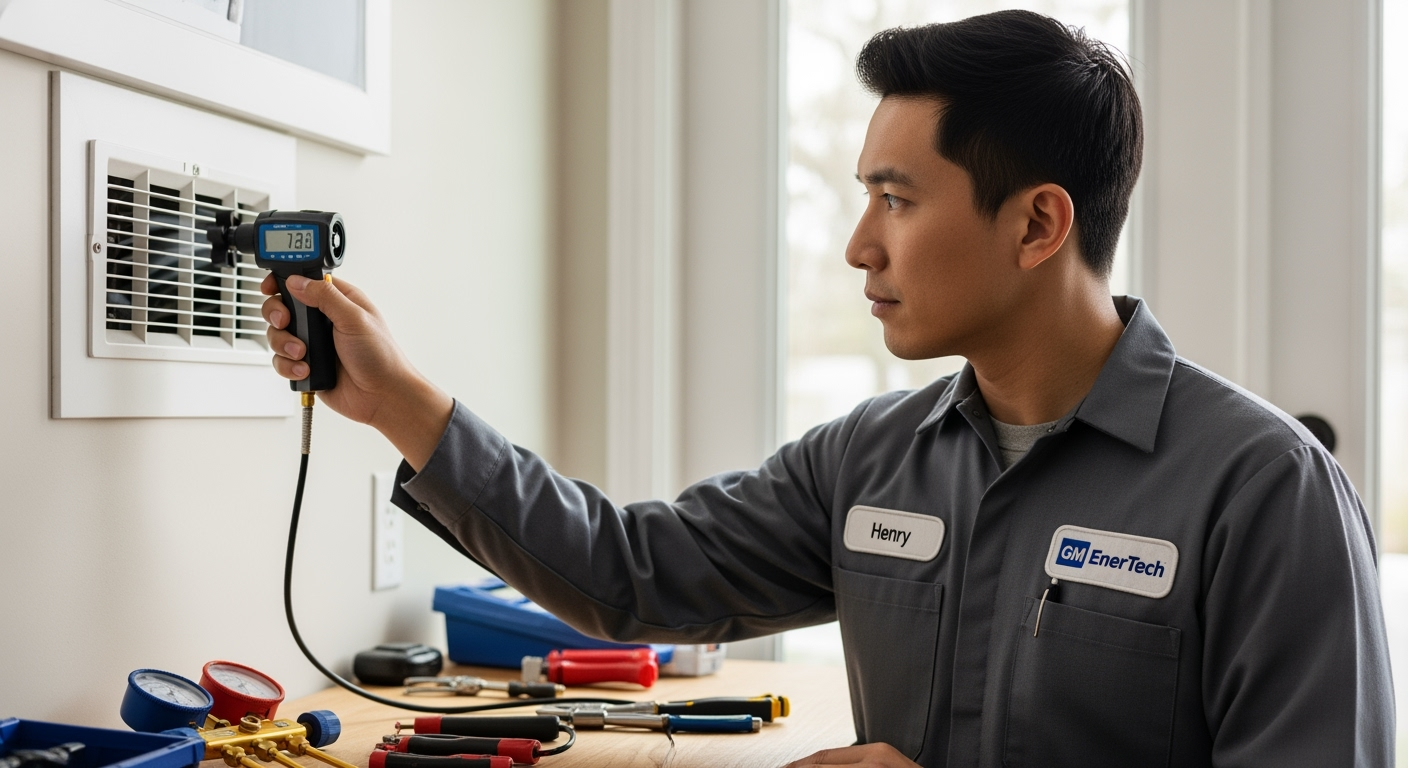 GM EnerTech HVAC technician servicing AC unit in Islandia home