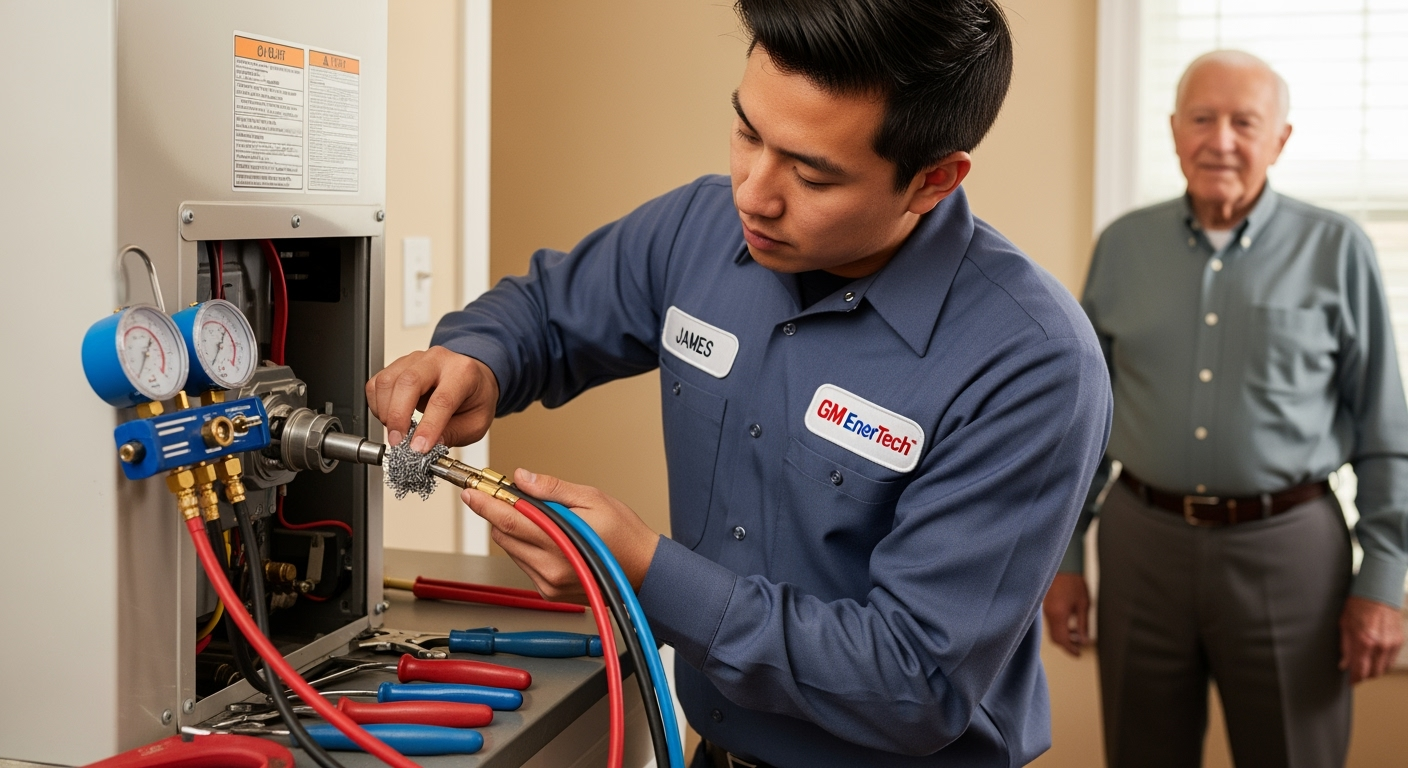GM EnerTech HVAC technician servicing AC unit in Islip home