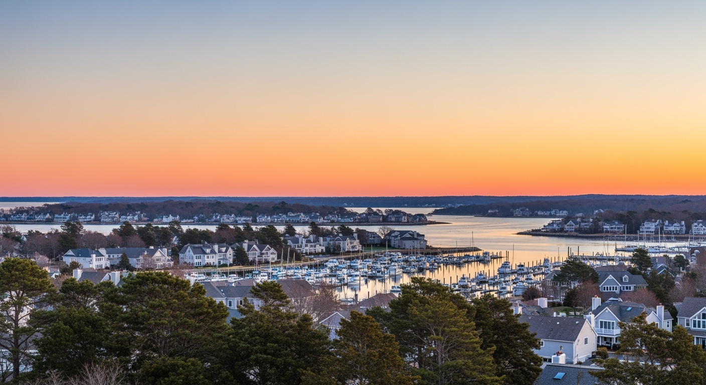 Jamesport NY waterfront aerial view at sunset