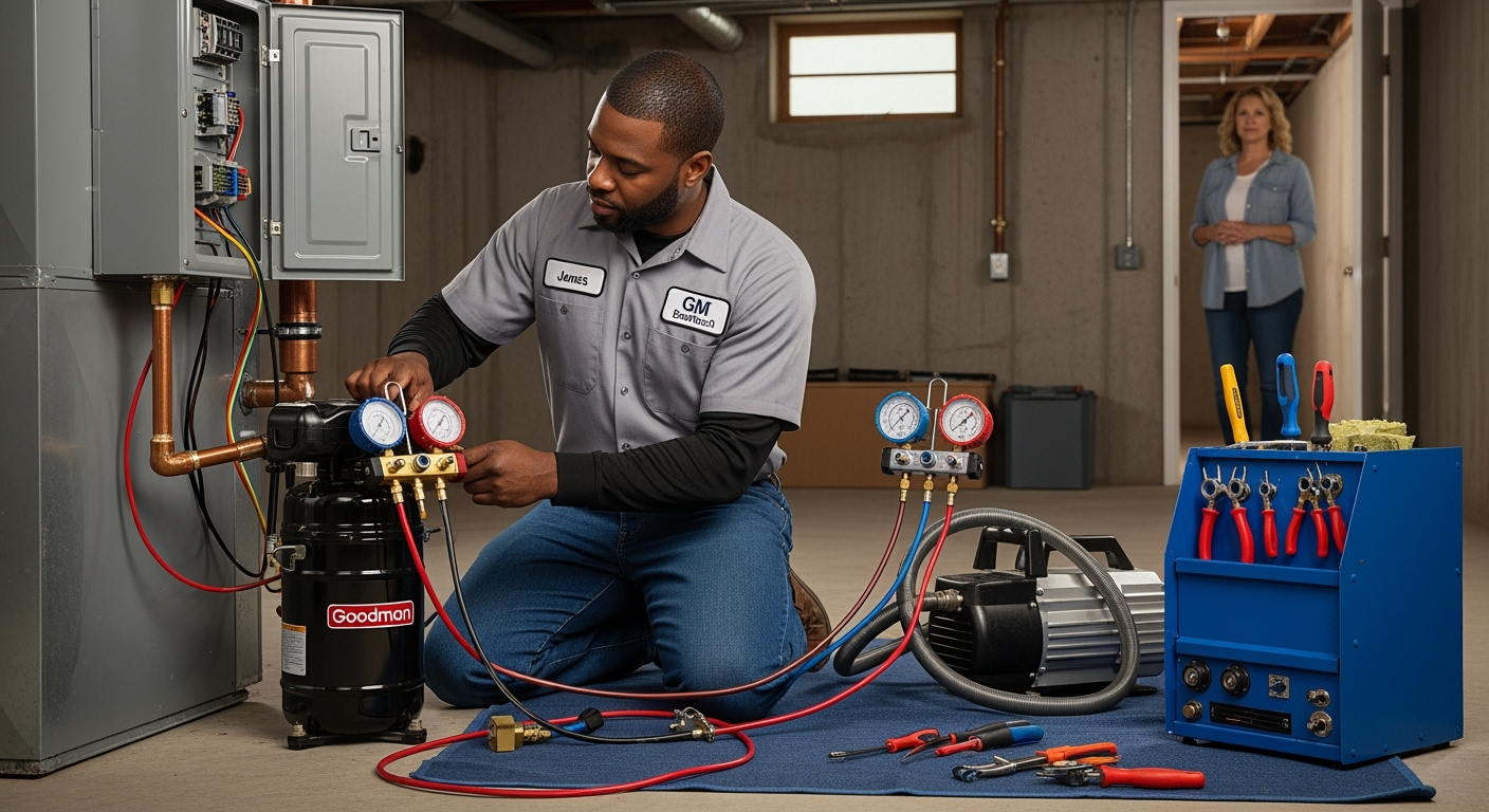 GM EnerTech HVAC technician servicing AC unit in Jamesport home