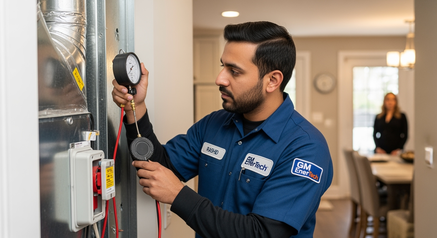 GM EnerTech HVAC technician servicing AC unit in Jericho home