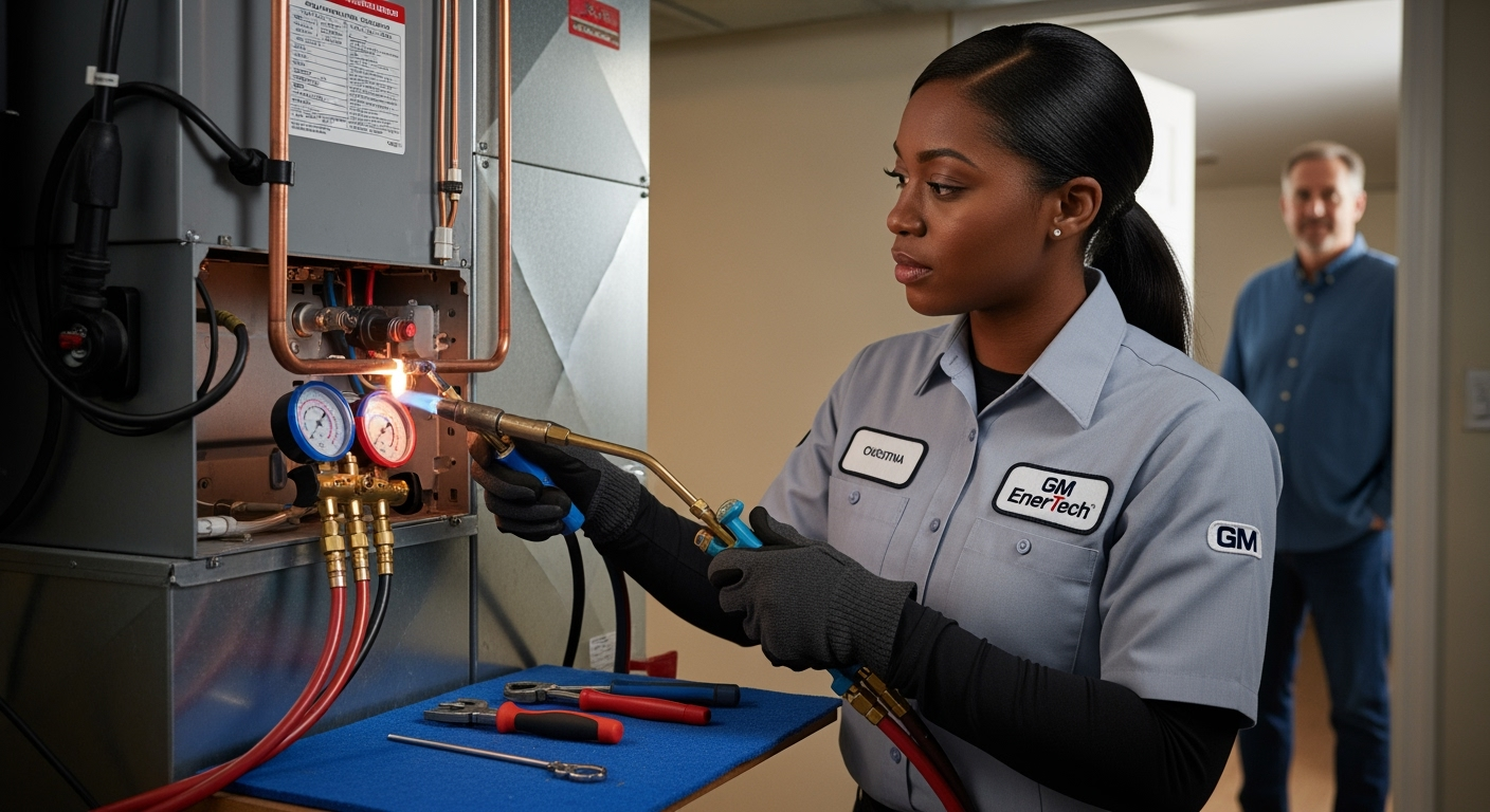 GM EnerTech HVAC technician servicing AC unit in Kings Park home