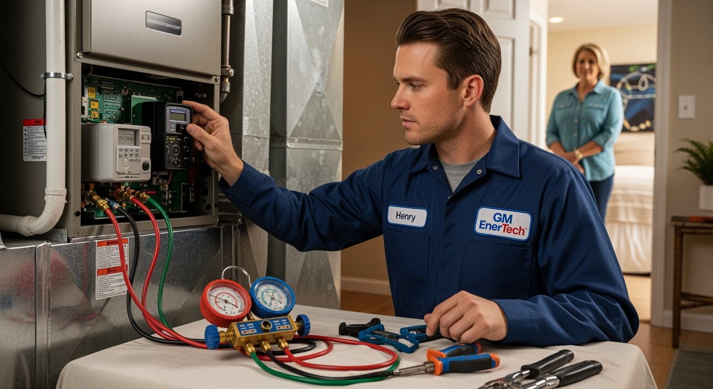 GM EnerTech HVAC technician servicing AC unit in Kings Point home