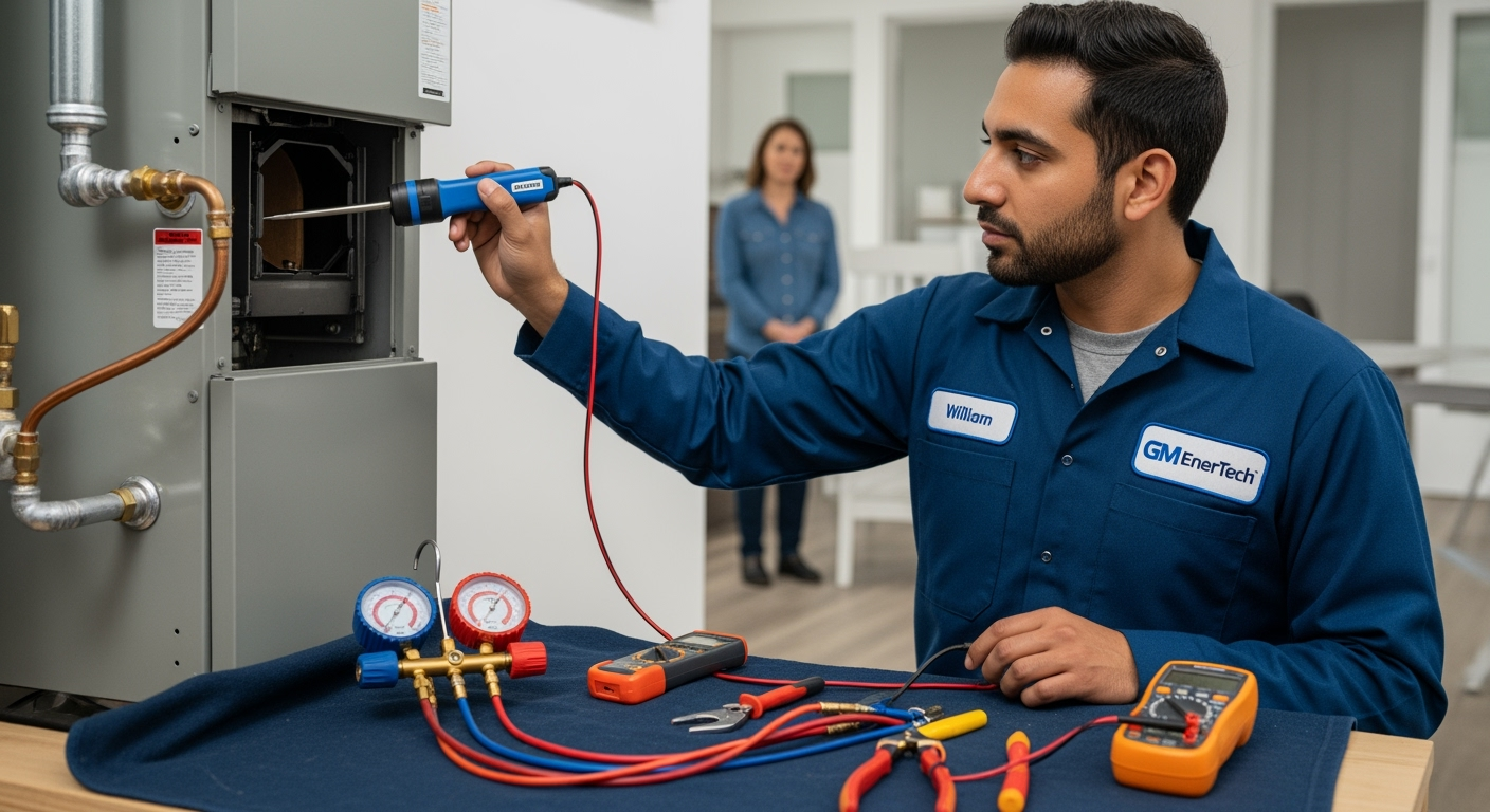 GM EnerTech HVAC technician servicing AC unit in Lake Grove home