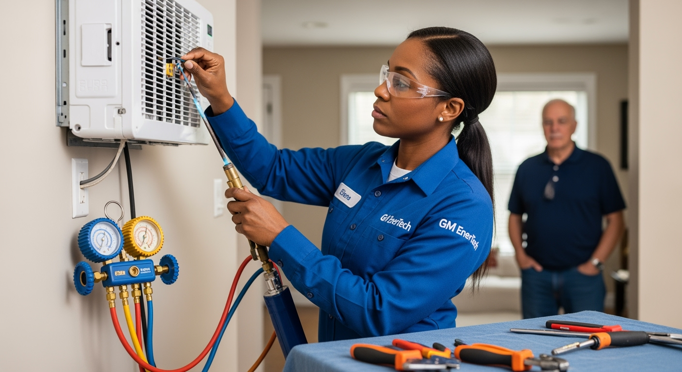 GM EnerTech HVAC technician servicing AC unit in Lake Ronkonkoma home