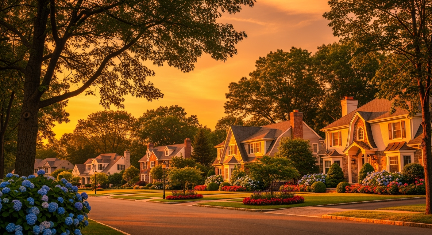 Laurel Hollow NY waterfront aerial view at sunset