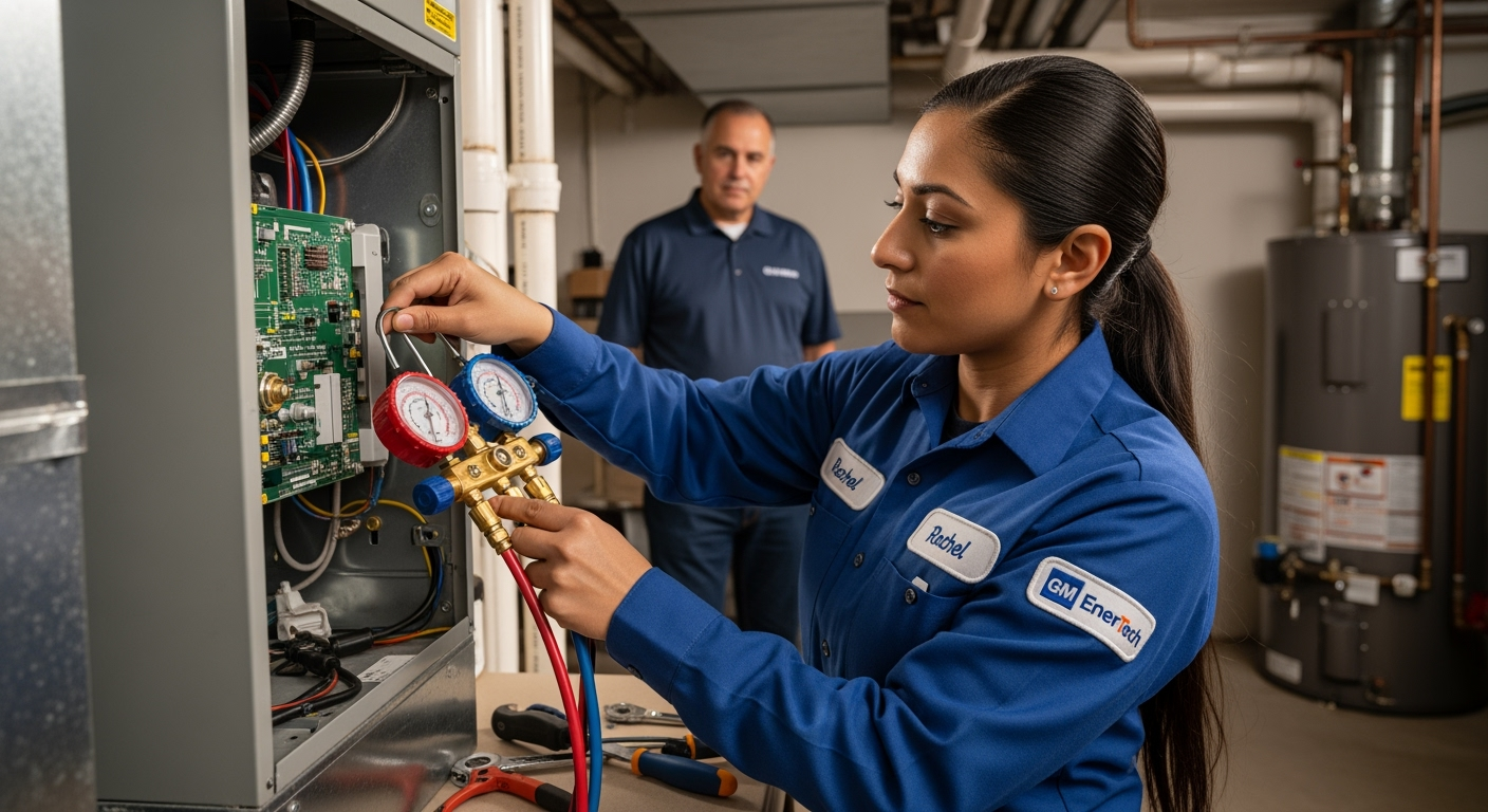 GM EnerTech HVAC technician servicing AC unit in Laurel home
