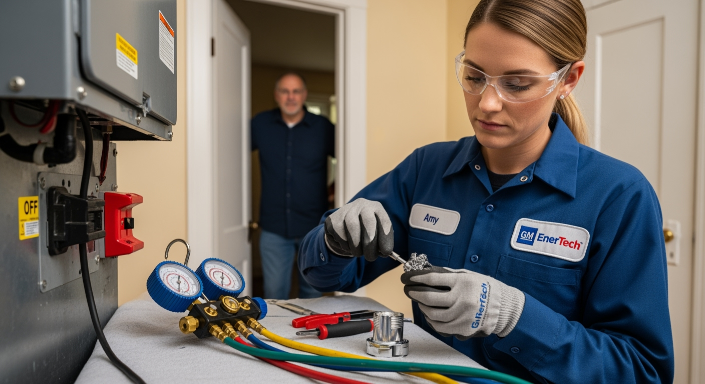 GM EnerTech HVAC technician servicing AC unit in Lawrence home