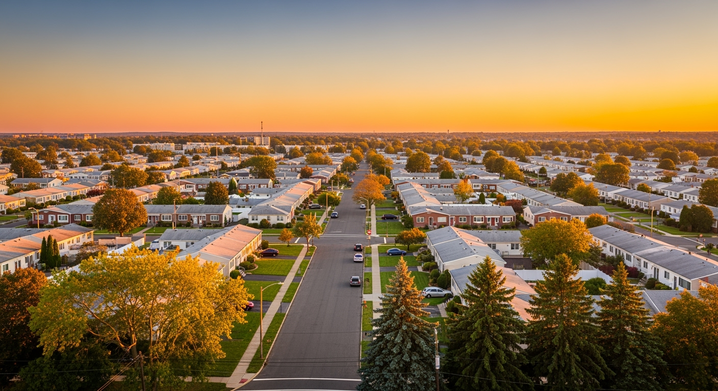 Levittown NY waterfront aerial view at sunset