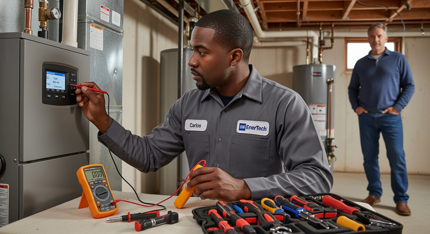 GM EnerTech HVAC technician servicing AC unit in Levittown home