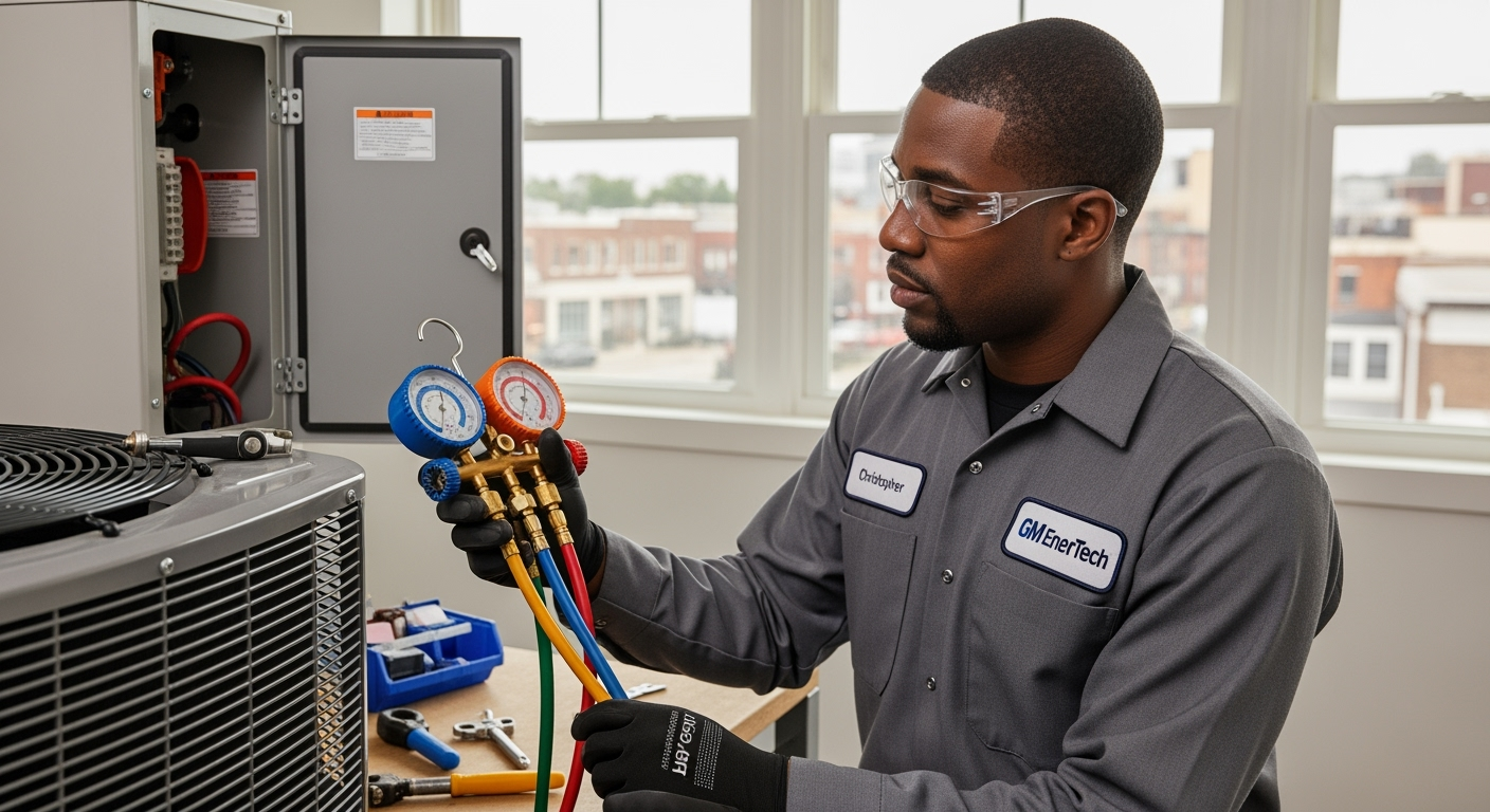 GM EnerTech HVAC technician servicing AC unit in Lindenhurst home