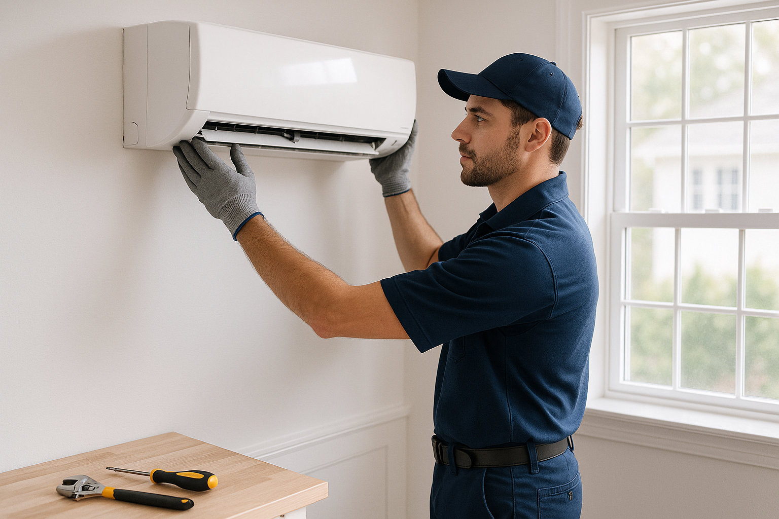 GM EnerTech HVAC technician servicing AC unit in Glen Cove home