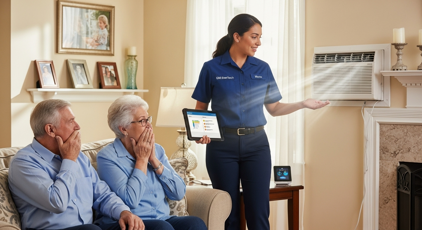 GM EnerTech HVAC technician servicing AC unit in Hempstead home