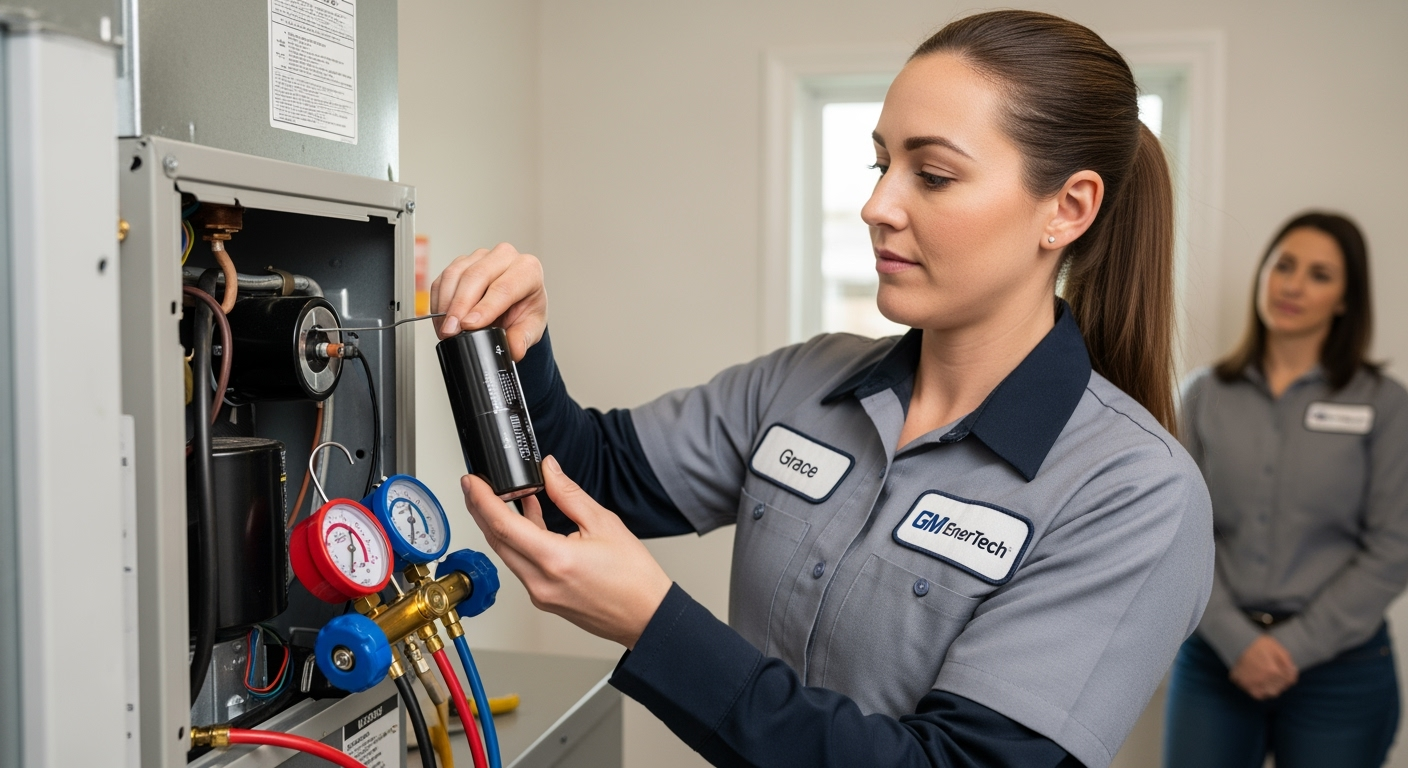 GM EnerTech HVAC technician servicing AC unit in Locust Valley home