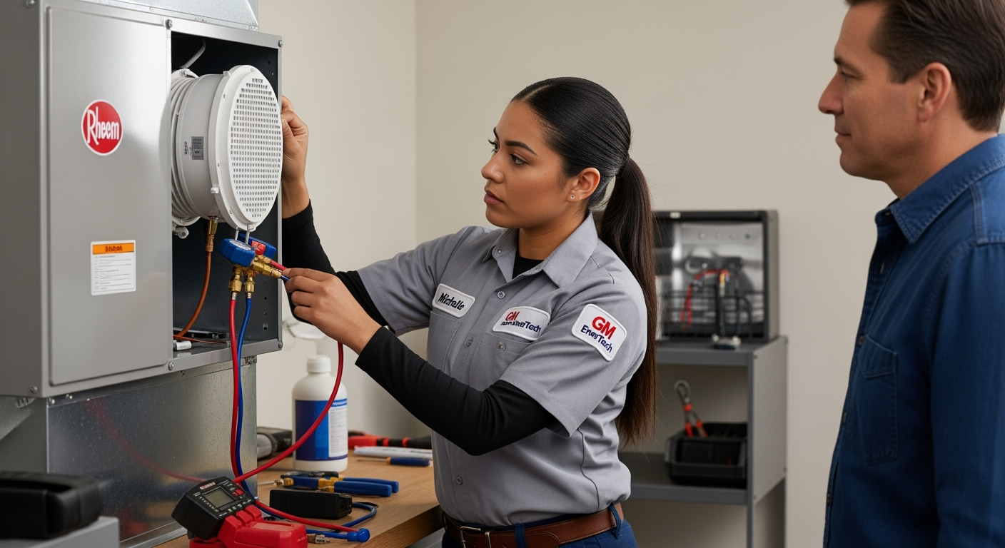 GM EnerTech HVAC technician servicing AC unit in Long Beach home