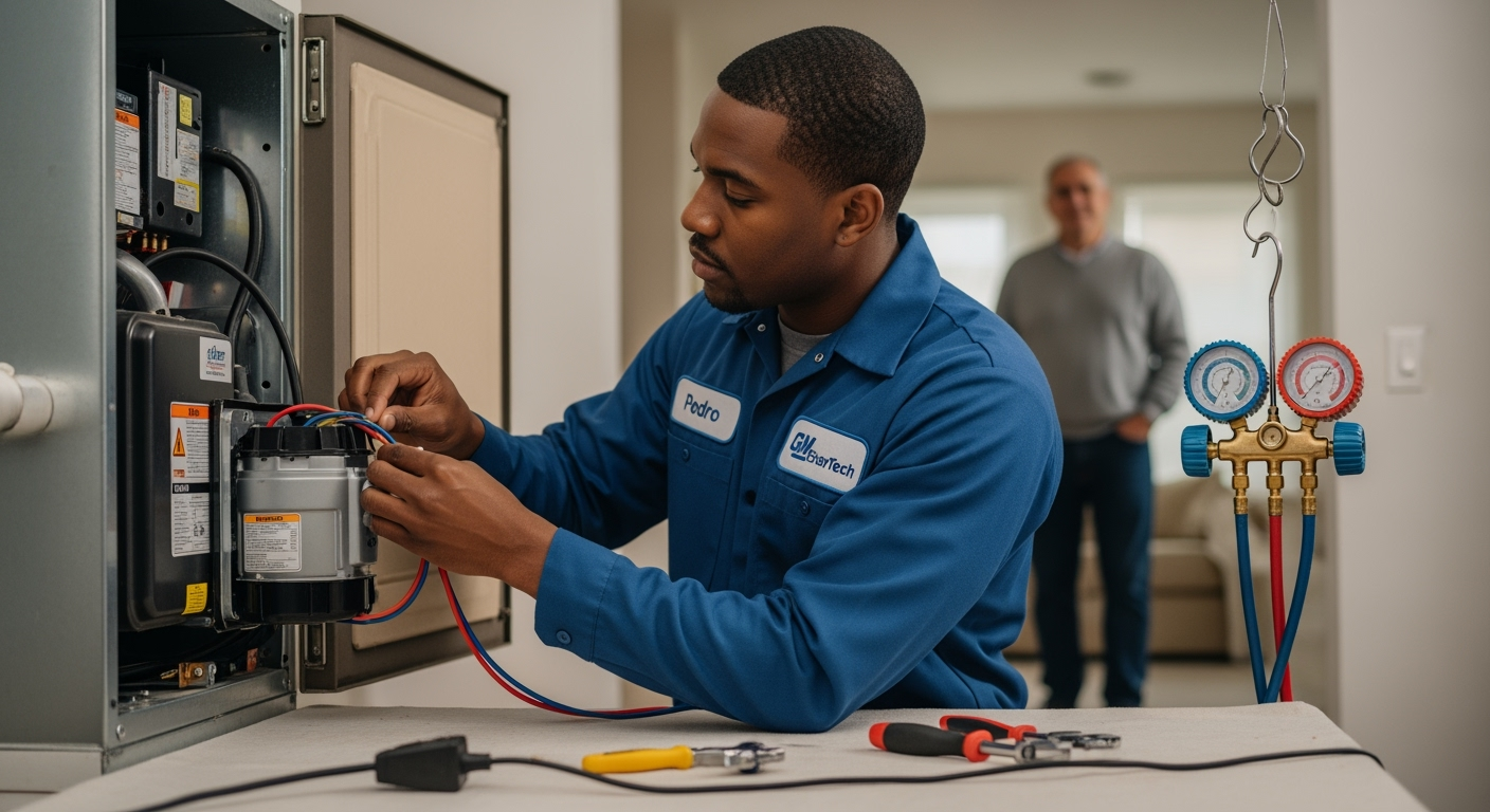 GM EnerTech HVAC technician servicing AC unit in Lynbrook home
