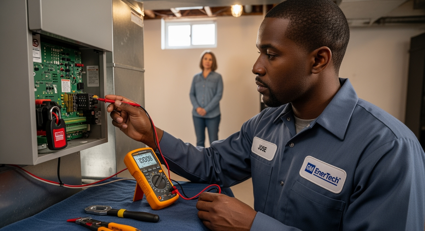 GM EnerTech HVAC technician servicing AC unit in Malverne home